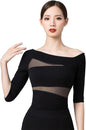 Women's Dance Tops for Women Sexy Oblique Shoulder 1/2 Sleeve Ballroom Latin Yoga Crop Tops Shirt