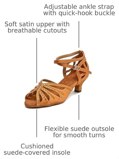Women’s Ballroom Latin Salsa Dance Shoes, 2-Inch Low Heel, Comfortable with Rhinestones, Suede Sole, Lightweight, for Beginners, Practice, Social & Party