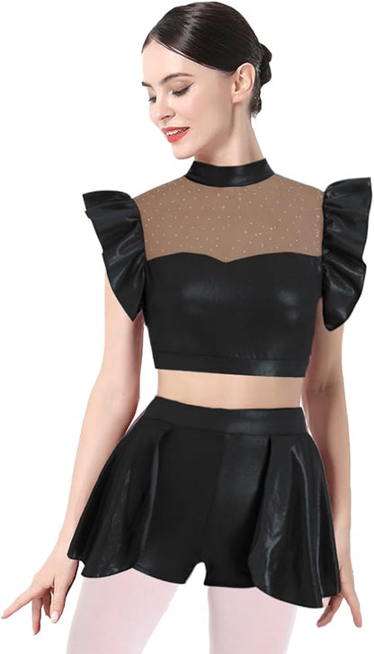 Women Metallic Dance Dress Ruffle Sleeve Crop Top Mini Dance Short Half Skirt Adult Lyrical Costume