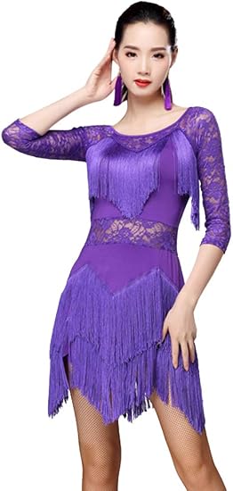 Women's Fringed Ballroom Costume Lace Round Neck 1/2 Sleeve Tango Salsa Latin Dance Dress with Shorts