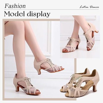 Women's Latin Dance Shoes Lace-up Ballroom Salsa Bachata Practice Dance Shoes 2.5" Heel