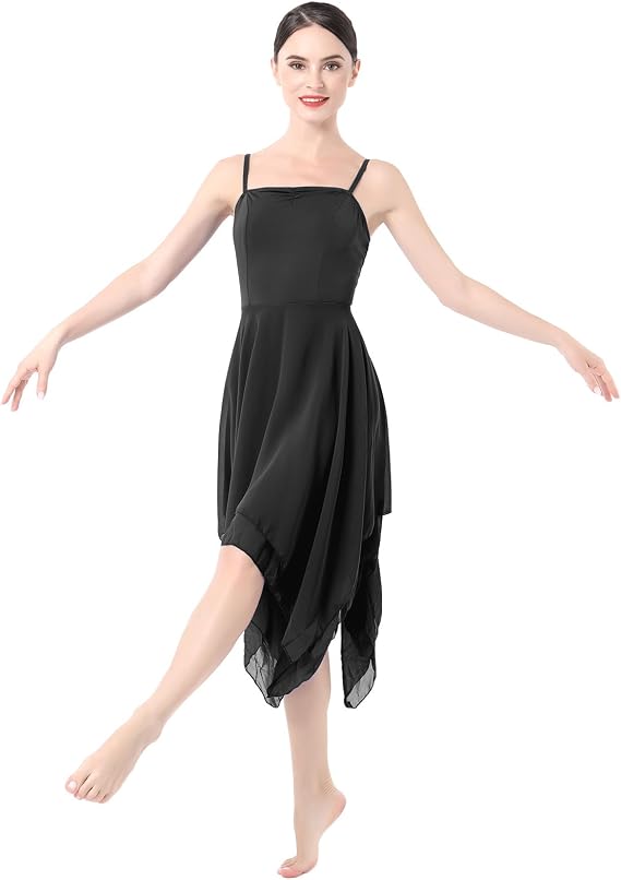 Women Lyrical Dance Costume Modern Contemporary Ballet Dancewear Spaghetti Strap Chiffon Flowy Dress