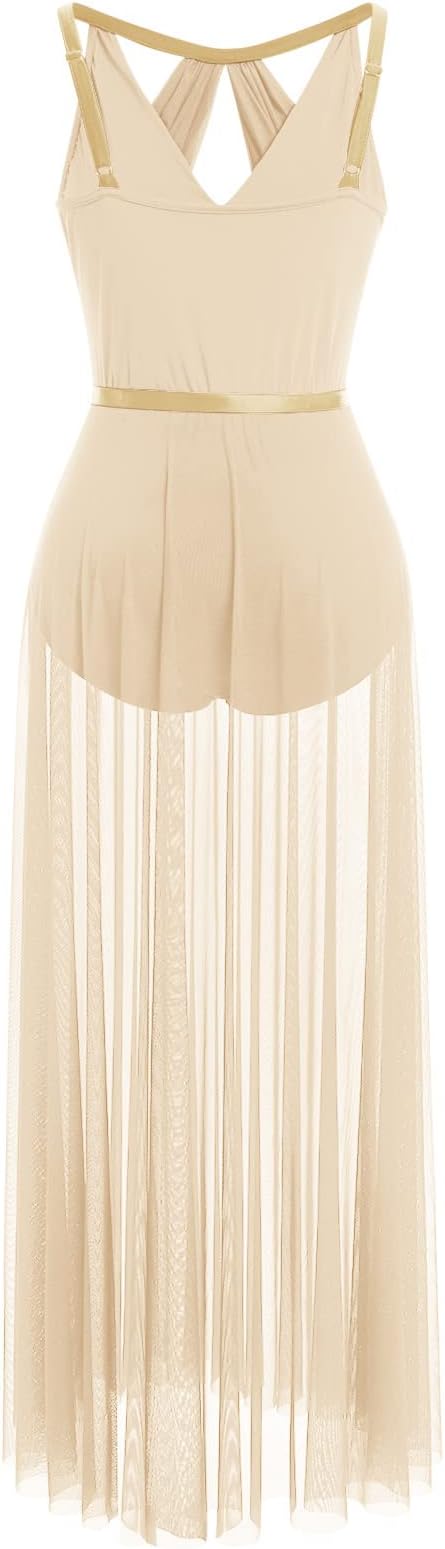 Lyrical Dance Costume for Women Lace Sleeveless Leotard Sheer Flowy Long Wrap Skirt 2pcs Outfit
