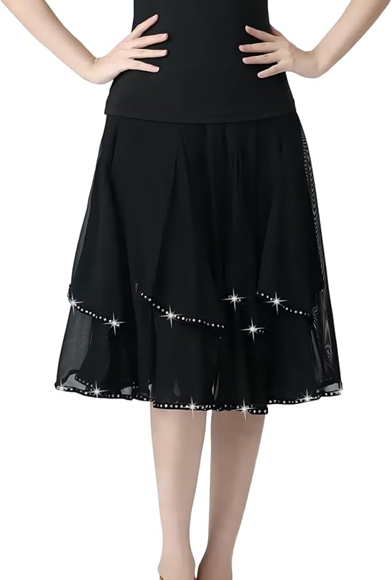 Latin Dance Skirt Modern Dance Big Swing Skirt Ballroom Dance Mesh Sequins Performance Costume