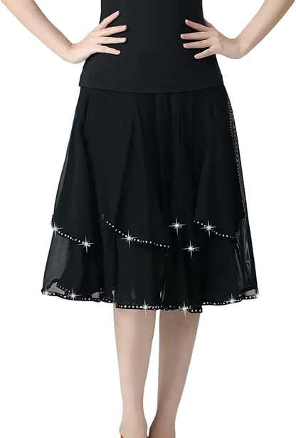 Latin Dance Skirt Modern Dance Big Swing Skirt Ballroom Dance Mesh Sequins Performance Costume