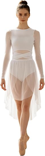 Women Lyrical Dance Dress Asymmetrical Mesh Skirt Contemporary Modern Ballet Ballroom Dancewear