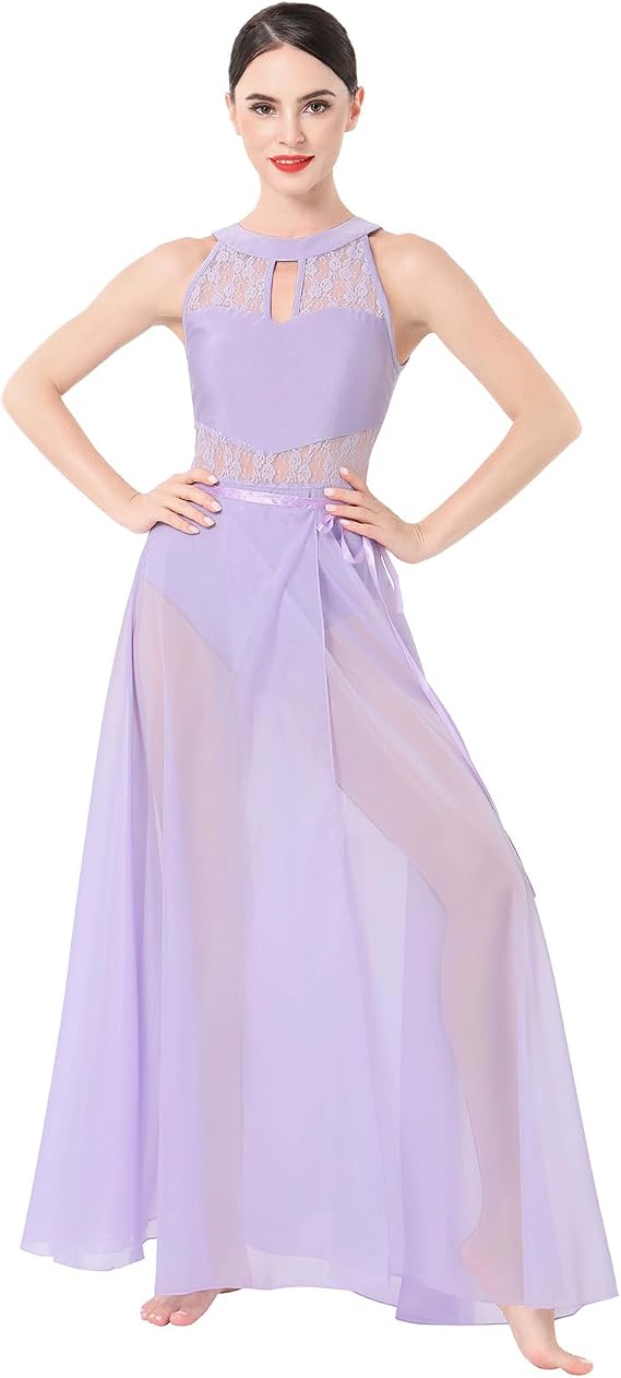 Lyrical Dance Costume for Women Lace Sleeveless Leotard Sheer Flowy Long Wrap Skirt 2pcs Outfit