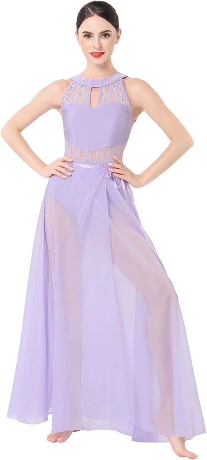 Lyrical Dance Costume for Women Lace Sleeveless Leotard Sheer Flowy Long Wrap Skirt 2pcs Outfit