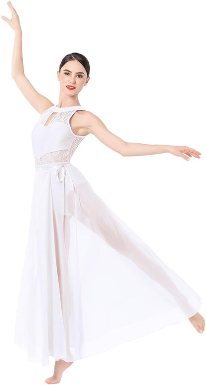 Lyrical Dance Costume for Women Lace Sleeveless Leotard Sheer Flowy Long Wrap Skirt 2pcs Outfit