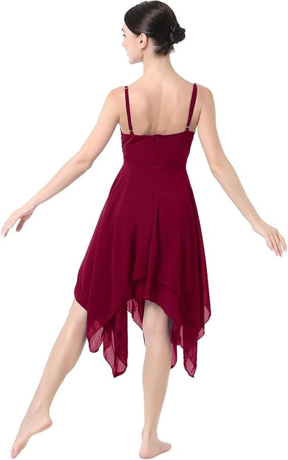 Women Lyrical Dance Costume Modern Contemporary Ballet Dancewear Spaghetti Strap Chiffon Flowy Dress