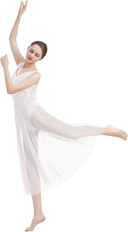 Women Lyrical Modern Contemporary Dance Costume Leotard V-Neck Backless Split Tulle Skirt Flowy Overlay Dress