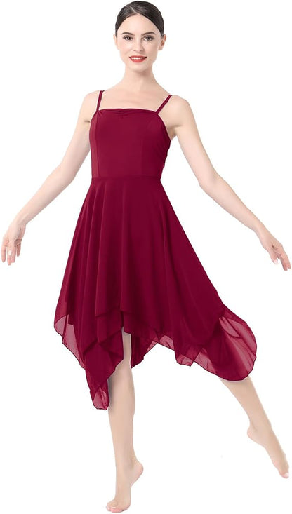Women Lyrical Dance Costume Modern Contemporary Ballet Dancewear Spaghetti Strap Chiffon Flowy Dress