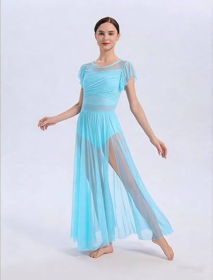 Lyrical Dance Costume for Women Mesh Ruffle Cutout Lyrical Dress Flowy Tulle Skirt Contemporary Dance Costumes XS-XL