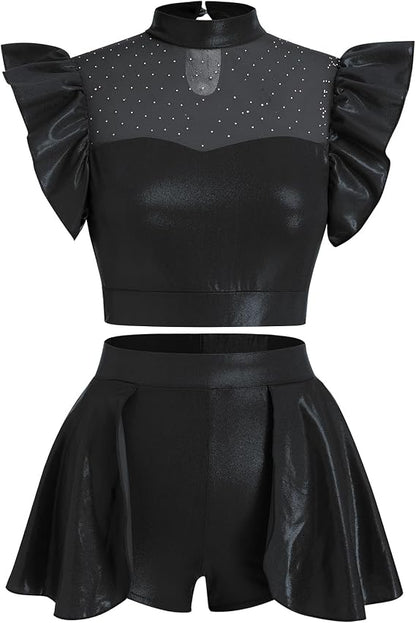 Women Metallic Dance Dress Ruffle Sleeve Crop Top Mini Dance Short Half Skirt Adult Lyrical Costume