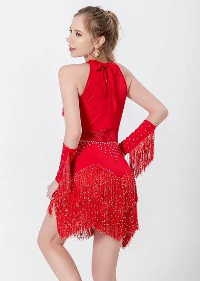 Women Latin Dress Lace Rhinestone Fringe Skirt Ballroom Salsa Cha Cha Dance Party Dress with Armband