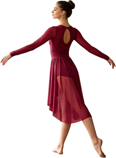 Women Lyrical Dance Dress Asymmetrical Mesh Skirt Contemporary Modern Ballet Ballroom Dancewear