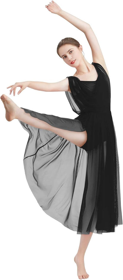 Women Lyrical Modern Contemporary Dance Costume Leotard V-Neck Backless Split Tulle Skirt Flowy Overlay Dress