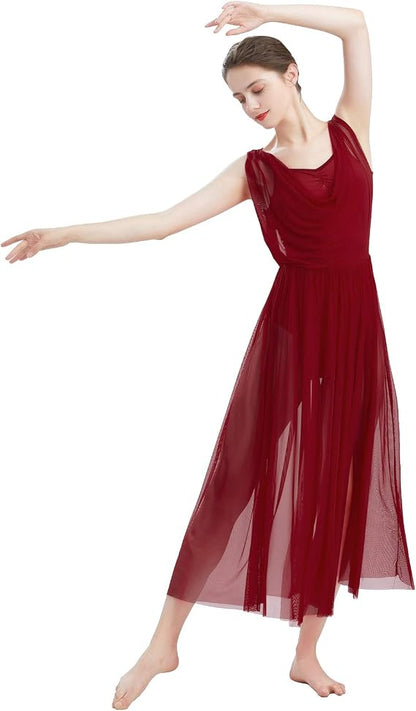 Women Lyrical Modern Contemporary Dance Costume Leotard V-Neck Backless Split Tulle Skirt Flowy Overlay Dress