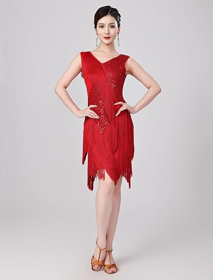Women Sexy Fringe Latin Dance Dress Sequins Flapper Tassel Jazz Costume Sleeveless V-Neck Dancing Party Outfit