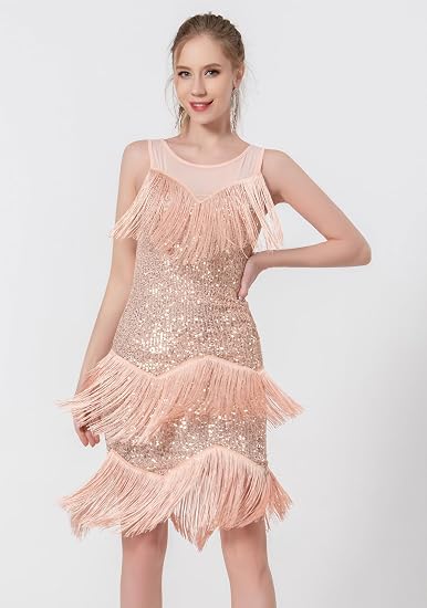 Women's Salsa Latin Dance Dress Glitter Sequin Fringe Flapper Party Ballroom Outfit