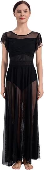 Lyrical Dance Costume for Women Mesh Ruffle Cutout Lyrical Dress Flowy Tulle Skirt Contemporary Dance Costumes XS-XL