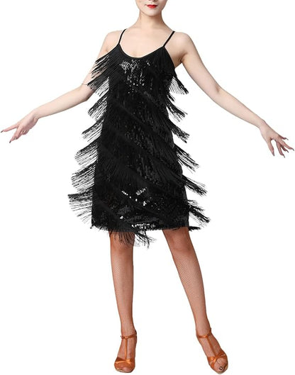 Women Sequin Tassel Dress Sleeveless Stand Collar Fringe Latin Salsa Cha Cha Jazz Dance Costume
