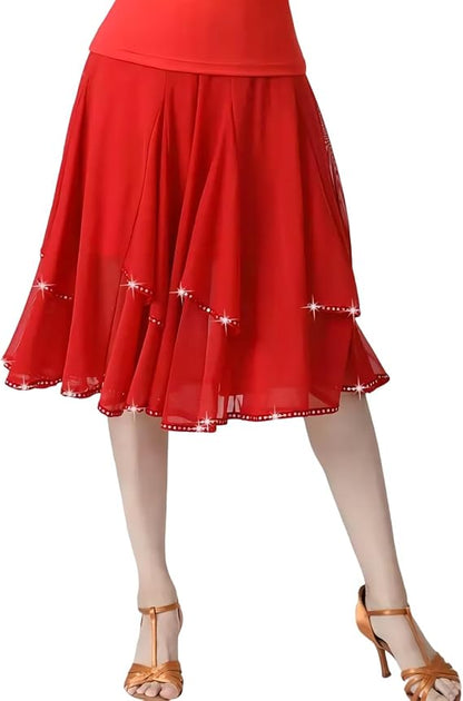 Latin Dance Skirt Modern Dance Big Swing Skirt Ballroom Dance Mesh Sequins Performance Costume