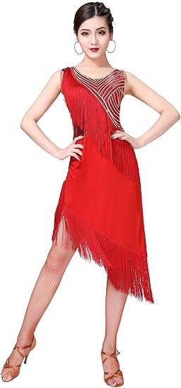 Women's Latin Salsa Tango Dancewear Sequin Asymmetry Fringe Dance Dress