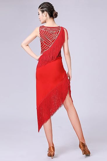Women's Latin Salsa Tango Dancewear Sequin Asymmetry Fringe Dance Dress