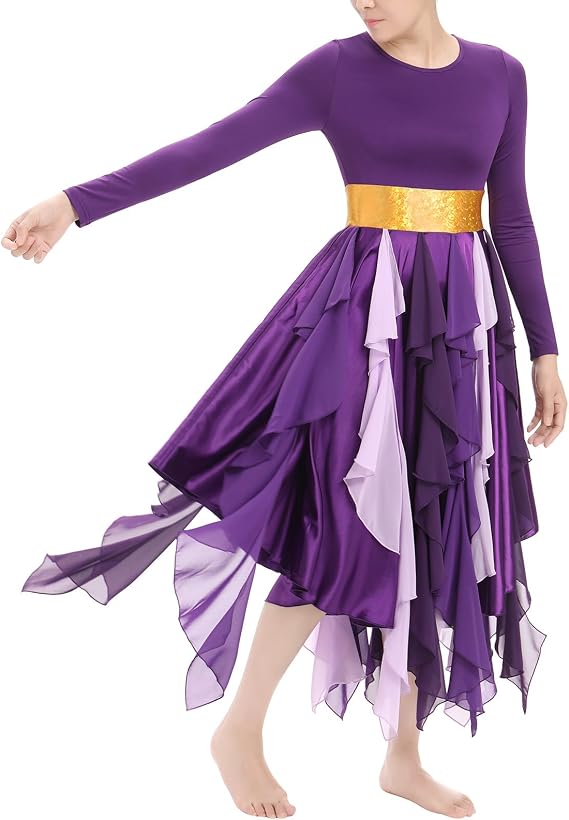 Metallic Praise Dance Dress for Women Asymmetrical Ruffle Overlay Liturgical Lyrical Worship Costume