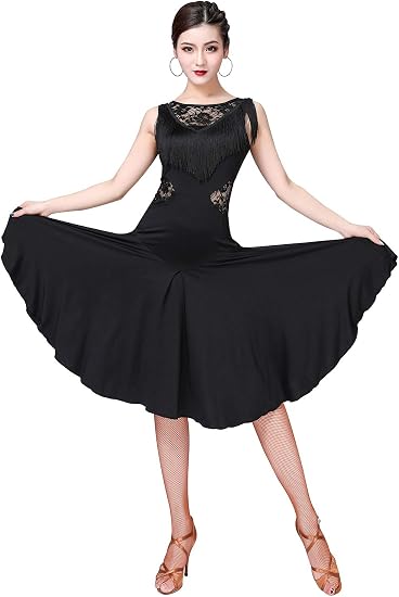 Ballroom Dance Dresses for Women Fringed Lace Back Salsa Latin Dance Dress with Shorts (5 Colors)