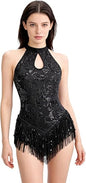 Women's High Neck Sexy Sequin Fringe Bodysuit Sparkly Latin Jazz Acrobat Show Dance Costume Music Festival Rave Outfits