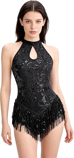 Womens Sequin Fringe Bodysuit / Latin Jazz Dance Costume