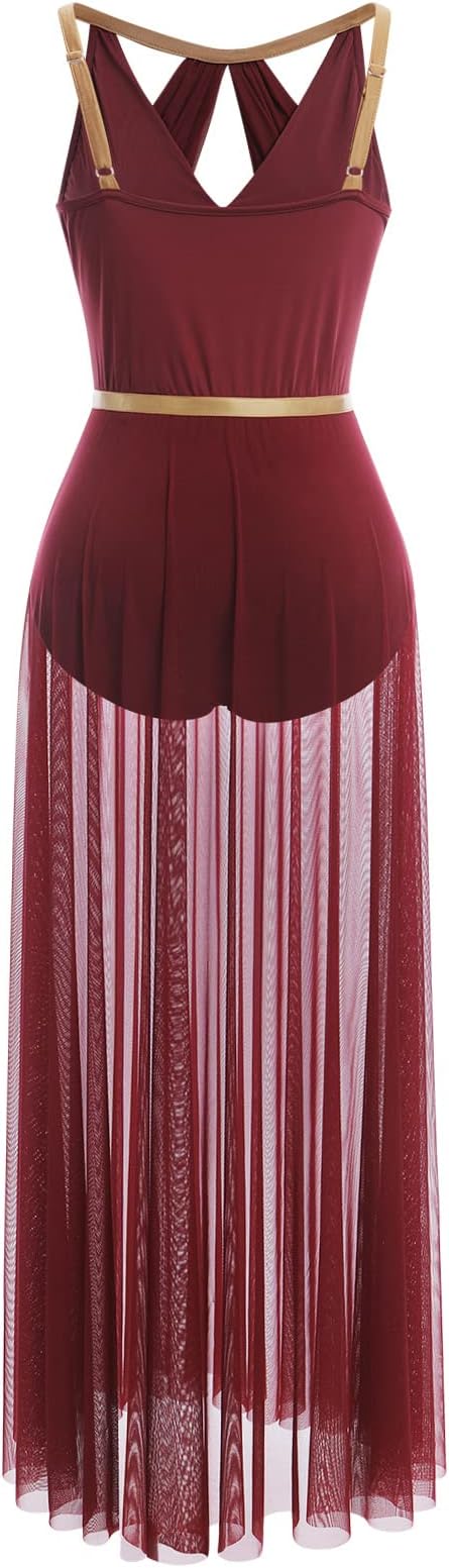 Lyrical Dance Costume for Women Lace Sleeveless Leotard Sheer Flowy Long Wrap Skirt 2pcs Outfit