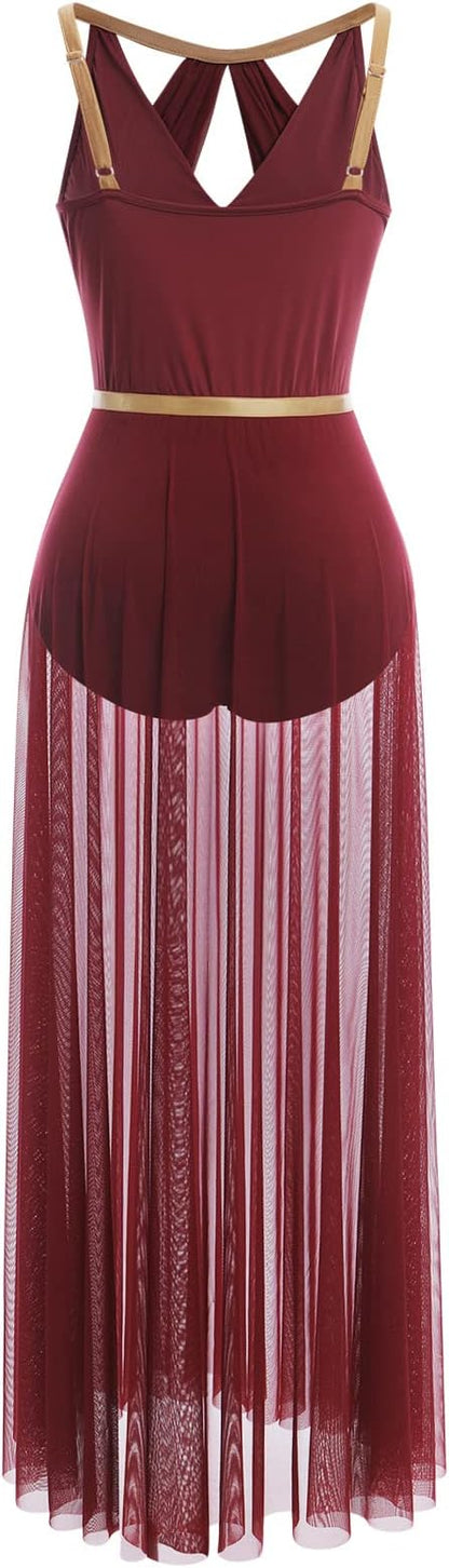 Lyrical Dance Costume for Women Lace Sleeveless Leotard Sheer Flowy Long Wrap Skirt 2pcs Outfit