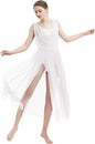 Women Lyrical Modern Contemporary Dance Costume Leotard V-Neck Backless Split Tulle Skirt Flowy Overlay Dress