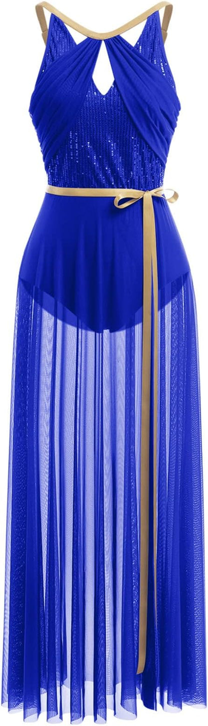 Lyrical Dance Costume for Women Lace Sleeveless Leotard Sheer Flowy Long Wrap Skirt 2pcs Outfit