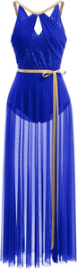 Lyrical Dance Costume for Women Lace Sleeveless Leotard Sheer Flowy Long Wrap Skirt 2pcs Outfit