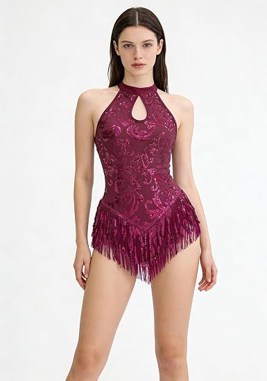 Womens Sequin Fringe Bodysuit / Latin Jazz Dance Costume