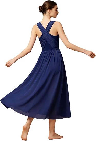 Lyrical Dance Dress for Women Flowy Overlay Draped Sleeveless Criss Cross Dancing Costume