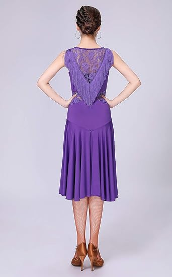 Ballroom Dance Dresses for Women Fringed Lace Back Salsa Latin Dance Dress with Shorts (5 Colors)