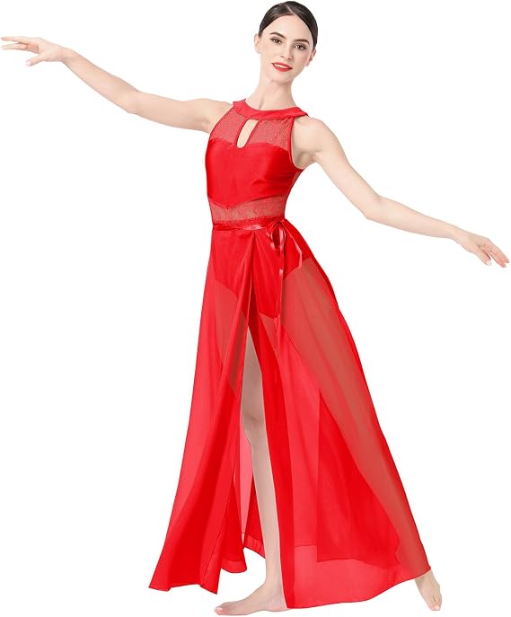 Lyrical Dance Costume for Women Lace Sleeveless Leotard Sheer Flowy Long Wrap Skirt 2pcs Outfit