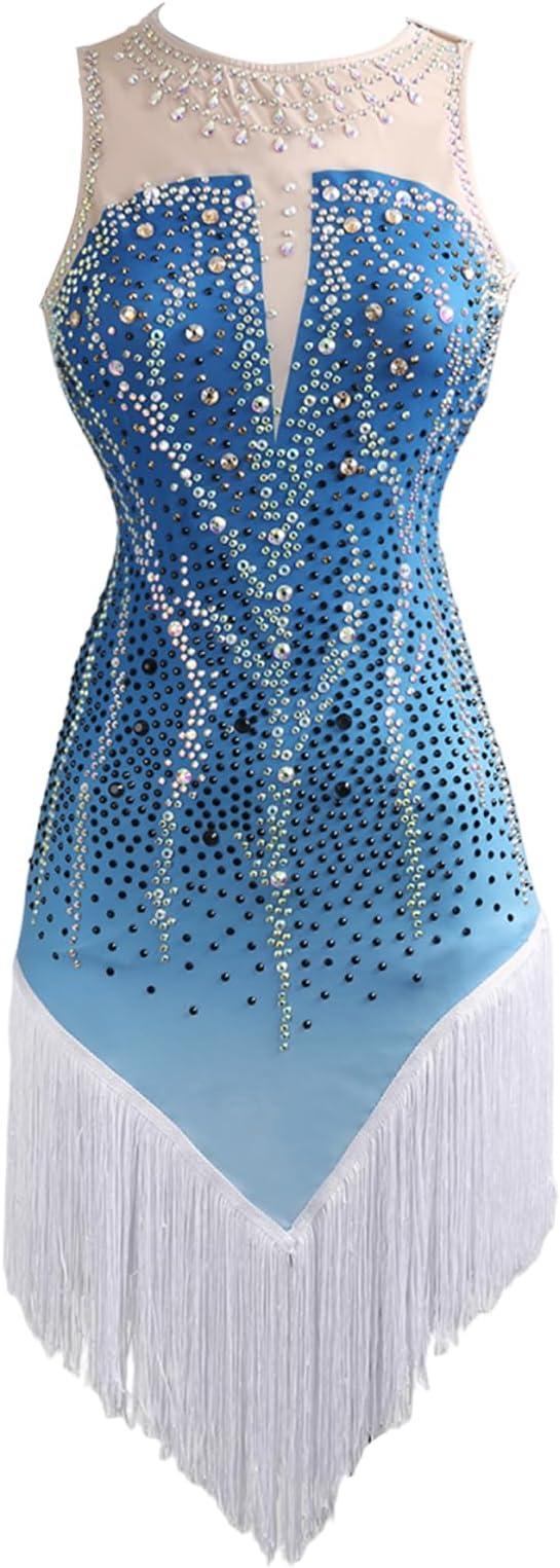 Latin Dance Dress Ballroom Competition Dresses Women Tango Ballroom Dancing Costume Fringe Flapper Sleeveless Shining Diamond