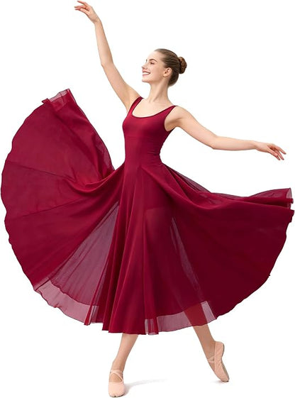 Women's U Neck Sleeveless Lyrical Dance Dress Contemporary Ballet Costume Flowy Tulle Skirt with Shorts