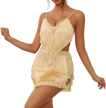 NKBRK Rhinestone Fringe Tassel Tiered One Piece Bodysuit Latin Dance Backless Disco Birthday Rave Outfit