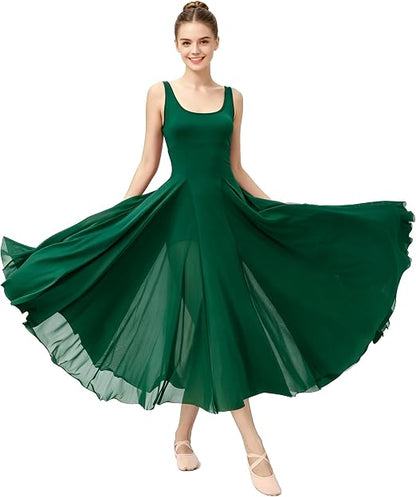 Women's U Neck Sleeveless Lyrical Dance Dress Contemporary Ballet Costume Flowy Tulle Skirt with Shorts