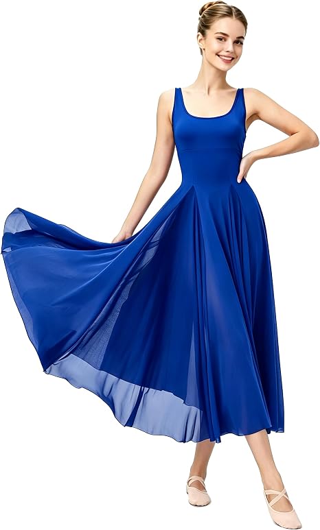 Women's U Neck Sleeveless Lyrical Dance Dress Contemporary Ballet Costume Flowy Tulle Skirt with Shorts