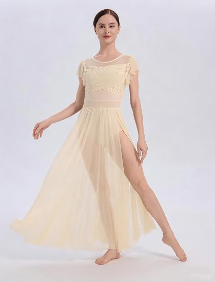 Lyrical Dance Costume for Women Mesh Ruffle Cutout Lyrical Dress Flowy Tulle Skirt Contemporary Dance Costumes XS-XL