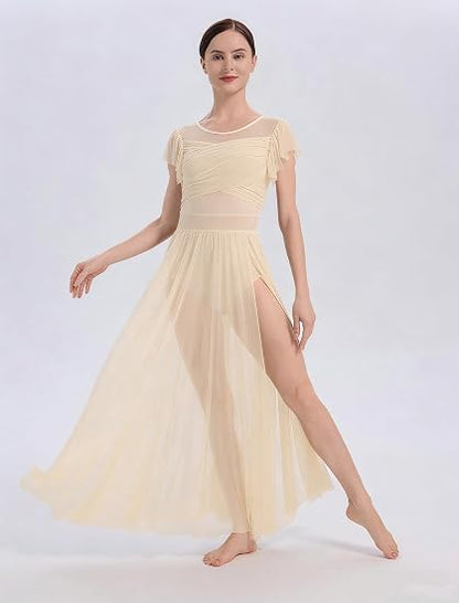 Lyrical Dance Costume for Women Mesh Ruffle Cutout Lyrical Dress Flowy Tulle Skirt Contemporary Dance Costumes XS-XL