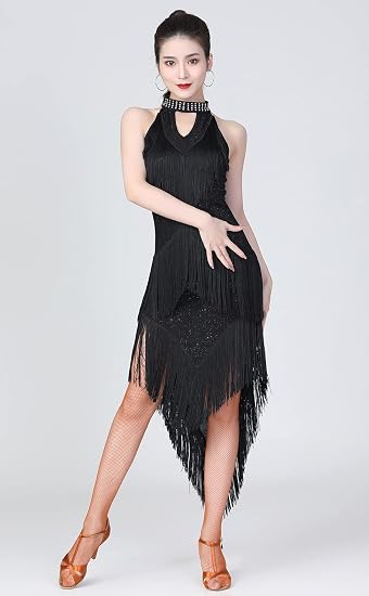 Women's Ballroom Latin Tango Salsa Dance Dress High Low Swallowtail Fringe Skirt Costume with Shorts